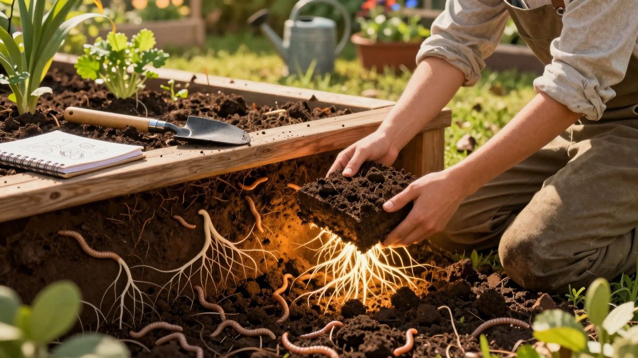Pessoa a manusear terra num canteiro elevado com minhocas e raízes iluminadas que destacam o crescimento das plantas.