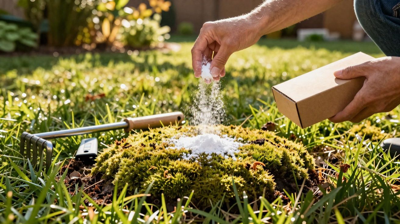Mão a espalhar pó branco sobre musgo no jardim com ancinho e caixa de cartão ao lado.