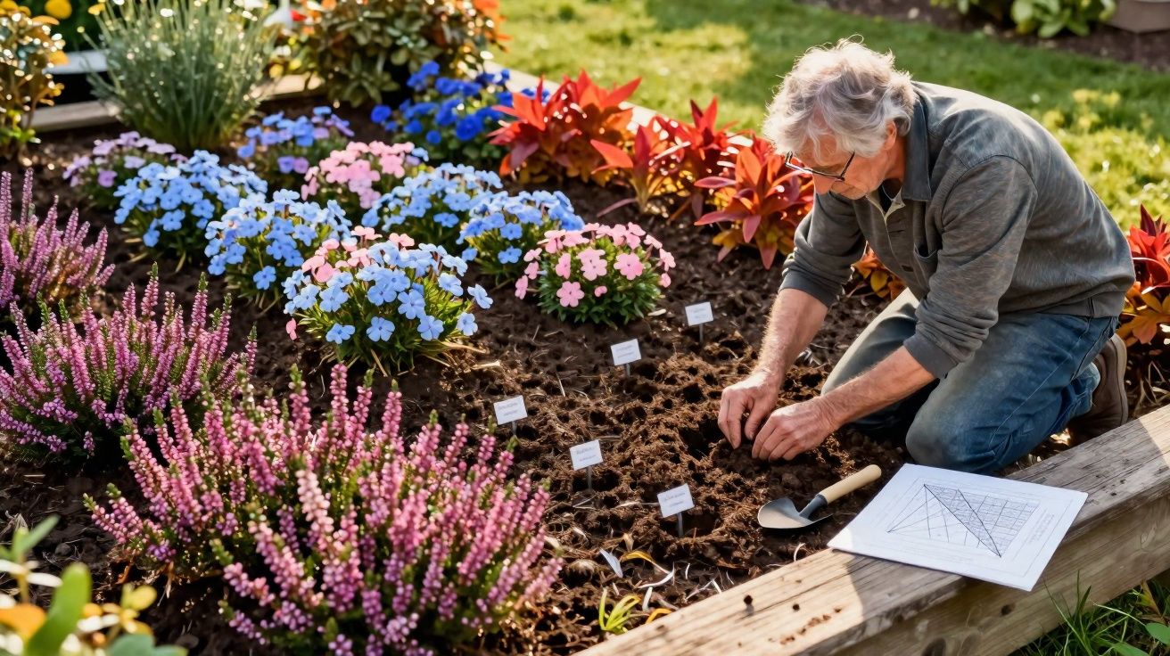 Homem idoso a jardinar num canteiro com flores coloridas em dia ensolarado.