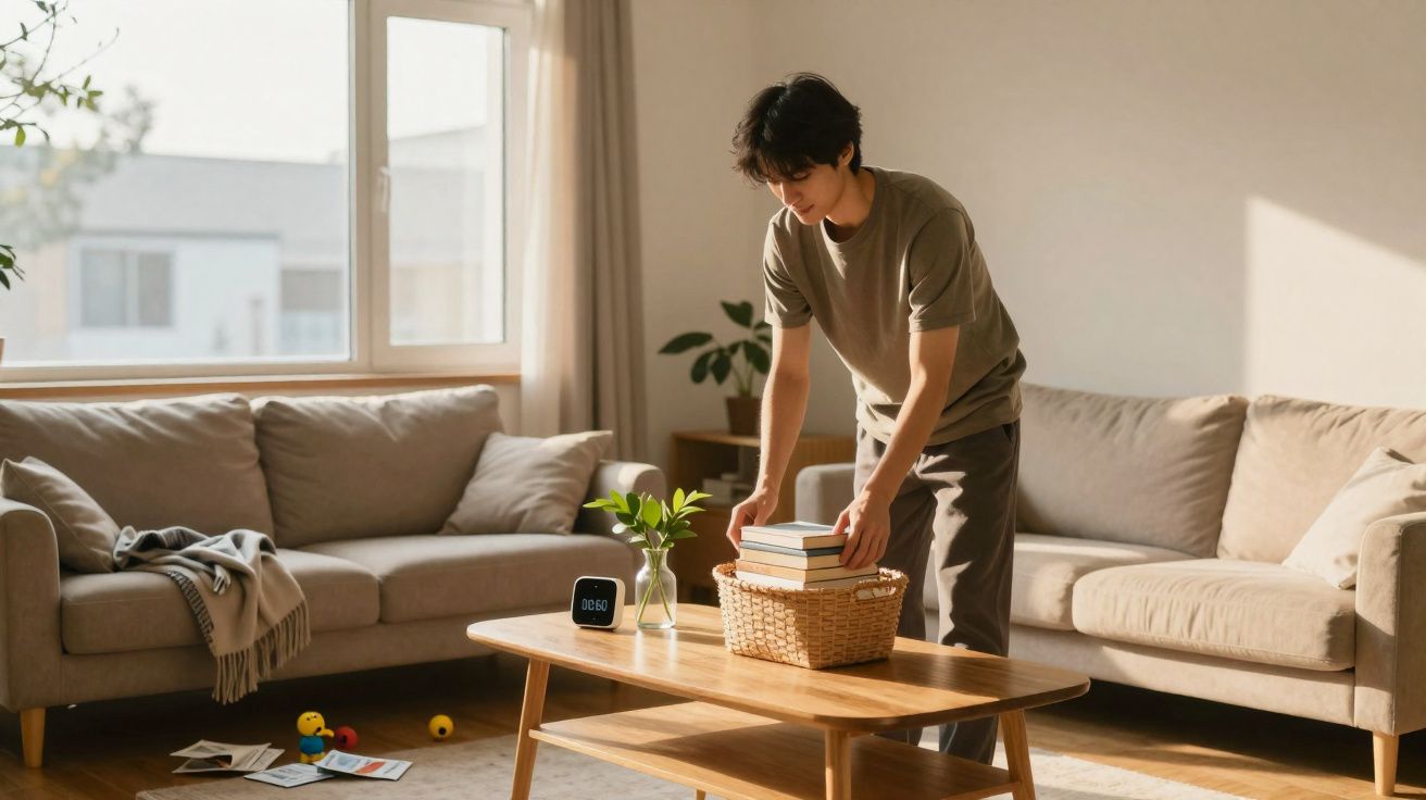 Homem arruma livros numa cesta sobre a mesa de centro em sala de estar com dois sofás e luz natural.