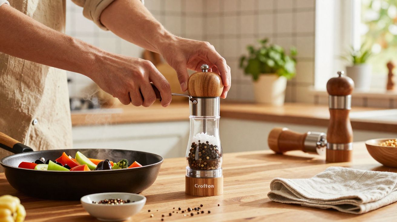 Mãos a moer pimenta num moinho sobre bancada com legumes numa frigideira na cozinha iluminada.