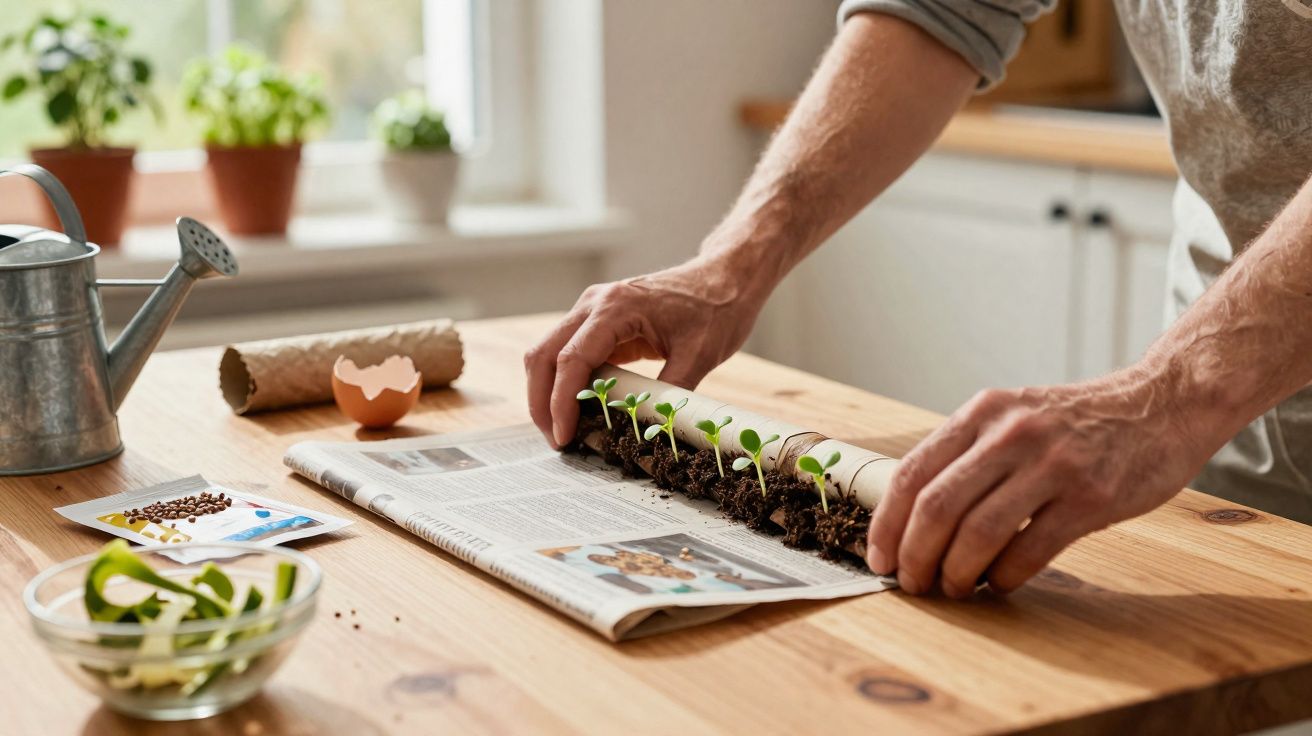 Mãos a enrolar jornal com mudas de plantas e terra, ao lado de regador, saco de sementes e casca de ovo.