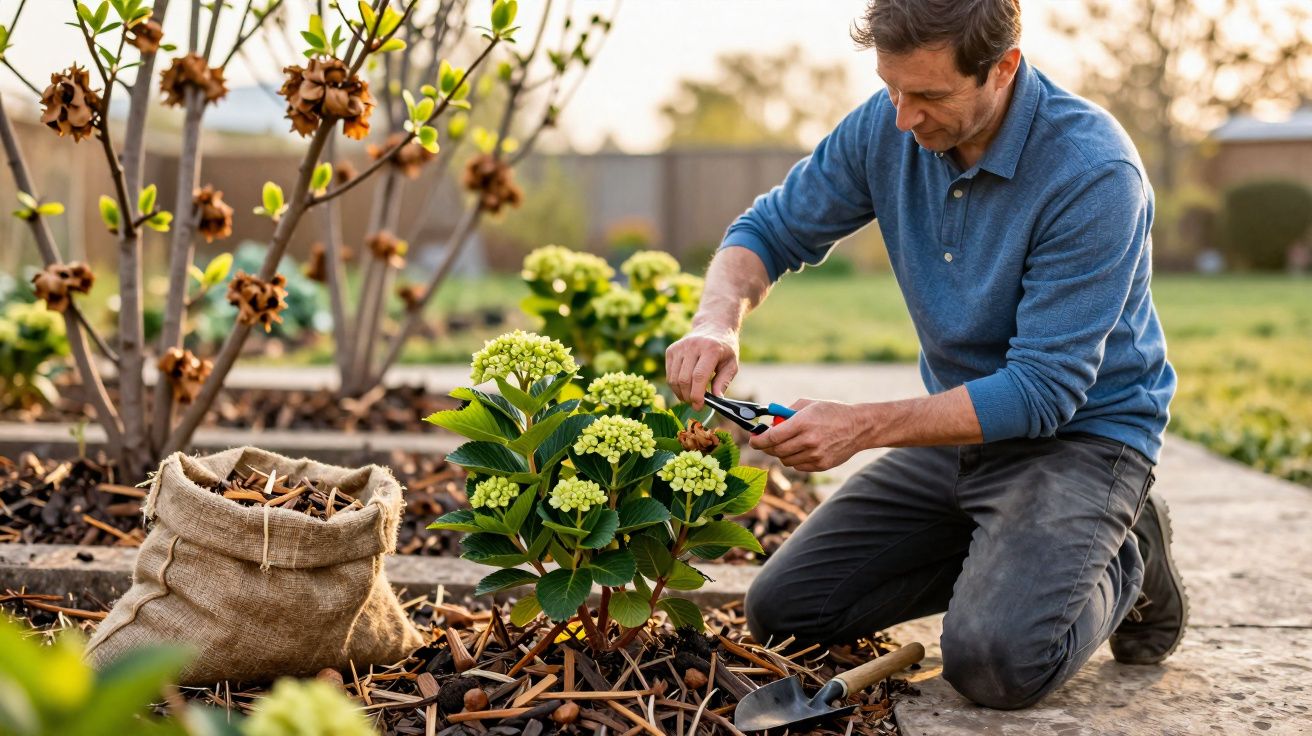 Homem a podar flores amarelas de hortênsia num jardim, com saco de palhaços ao lado.