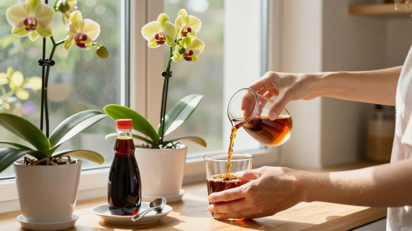 Pessoa a servir café gelado numa chávena de vidro ao lado de duas orquídeas brancas numa janela.
