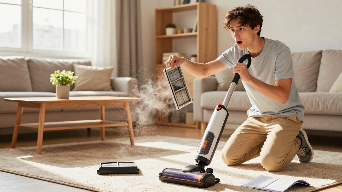 Jovem surpreendido ao limpar filtro de aspirador que libertou muita poeira numa sala clara e arrumada.
