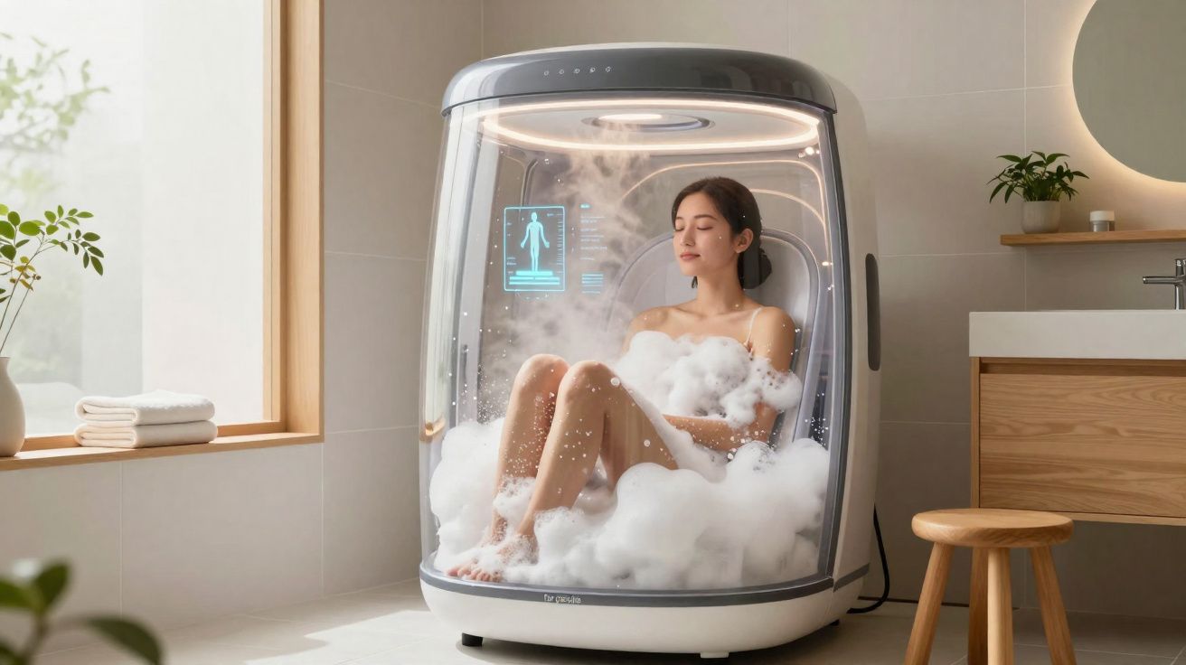 Mulher relaxa em cápsula de banho a vapor futurista numa casa de banho moderna e minimalista.