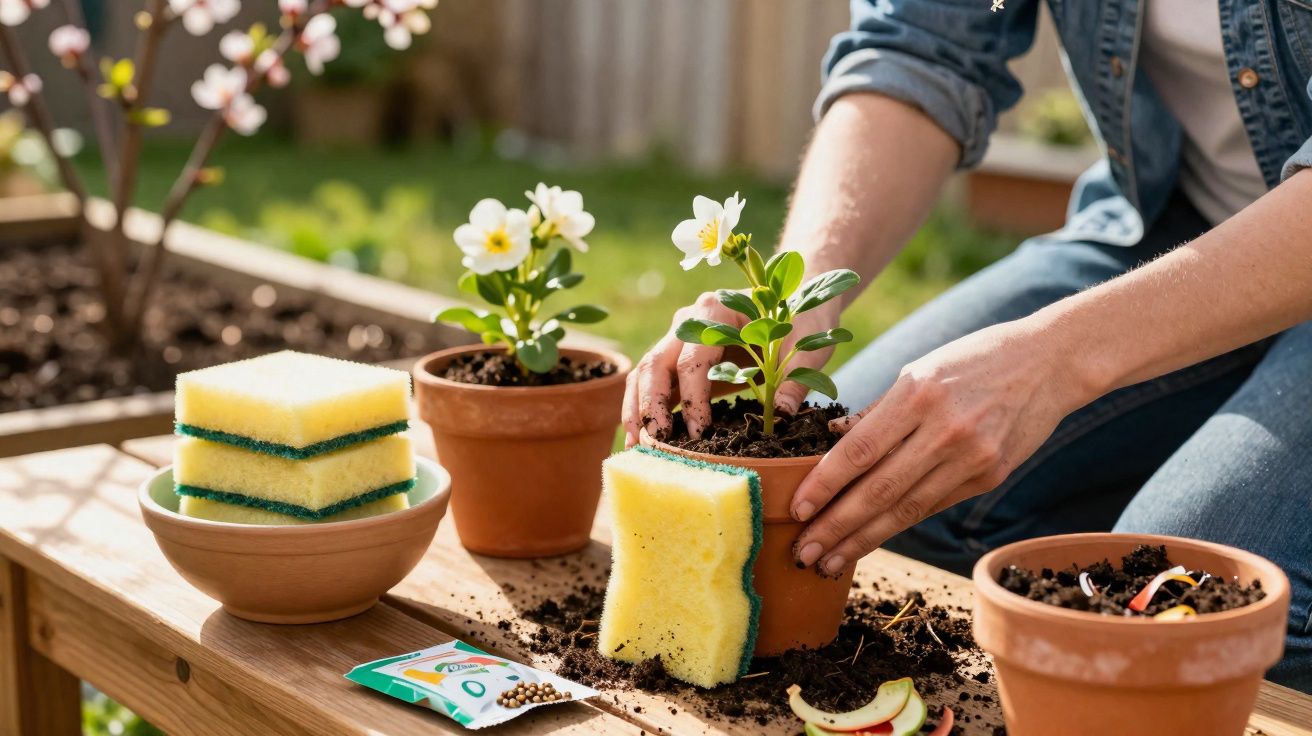 Pessoa a plantar flores brancas em vaso de barro num jardim, com esponjas e terra na mesa.