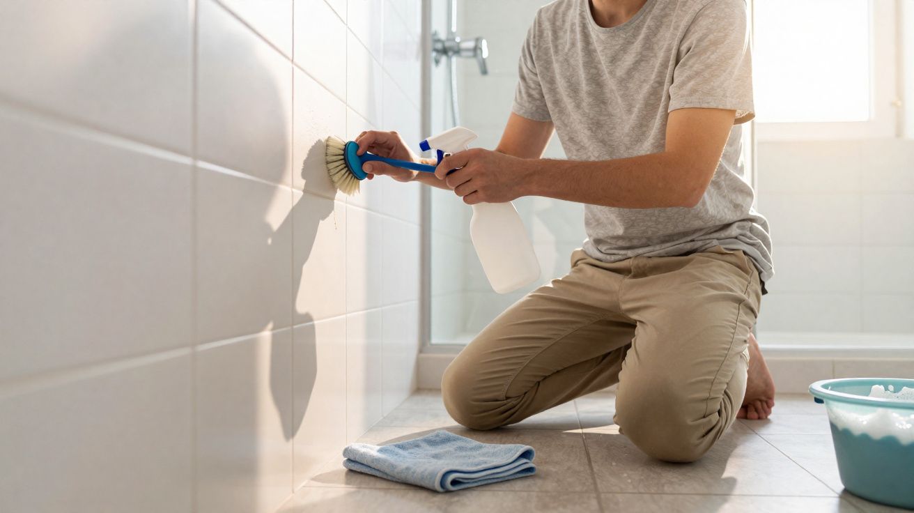 Pessoa de joelhos a limpar azulejos com escova e borrifador num casa de banho iluminada.