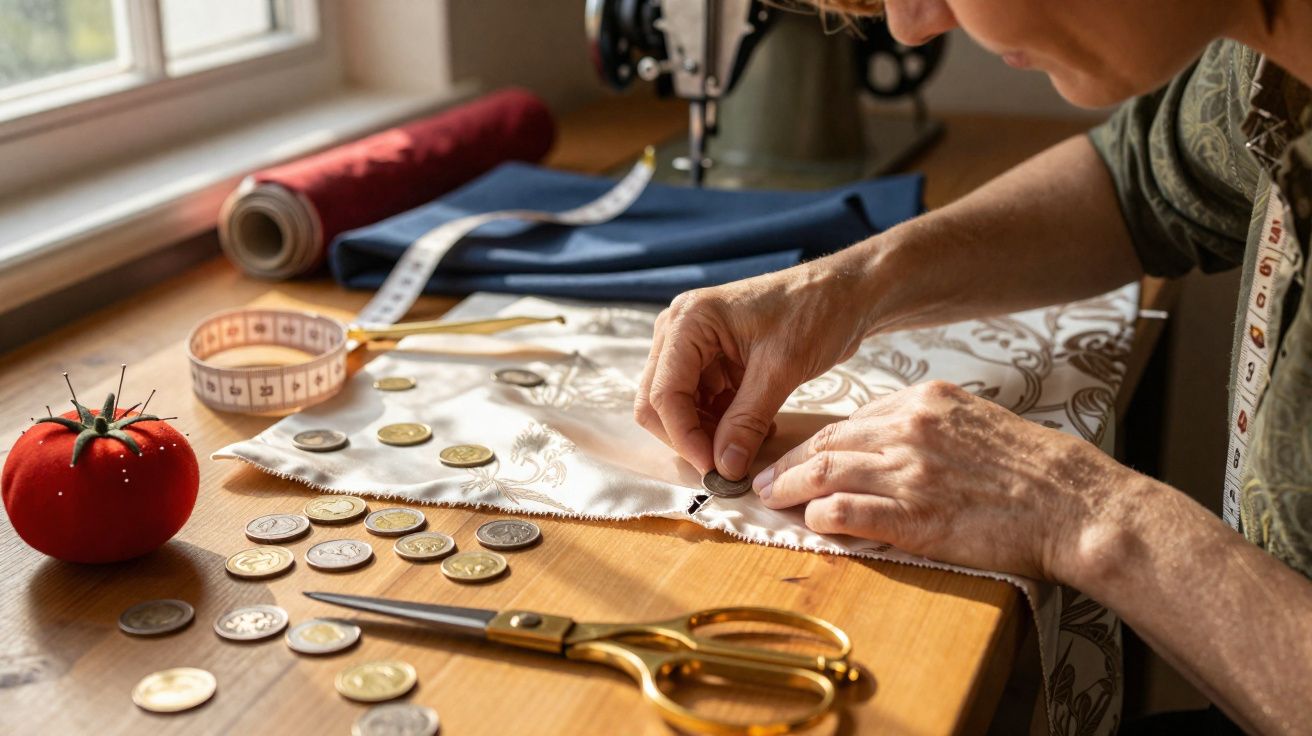 Pessoa a coser botões num tecido branco numa mesa com moedas, tesoura e fita métrica próximas.