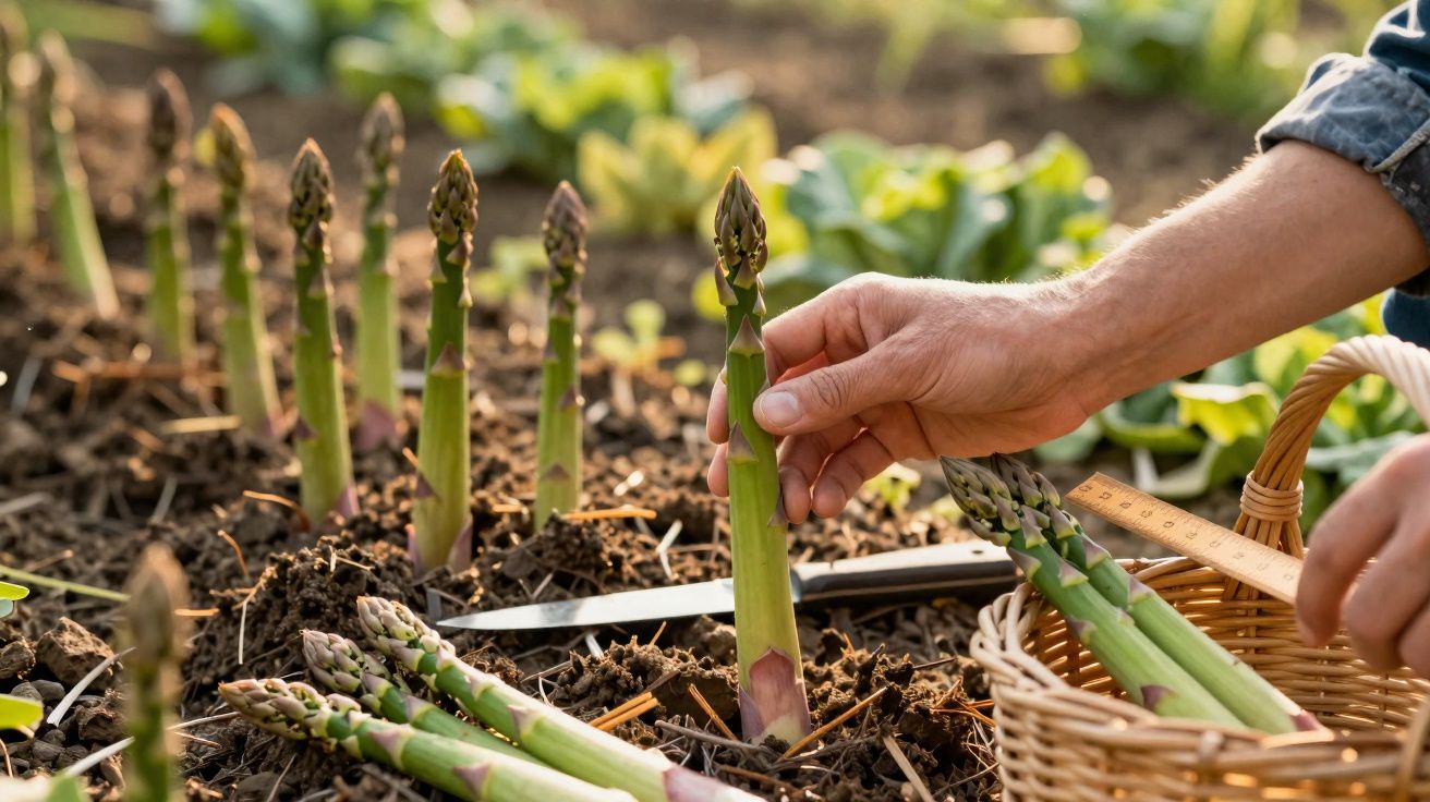 Pessoa a colher espargos verdes numa horta, com cesta de vime ao lado e terra à volta.