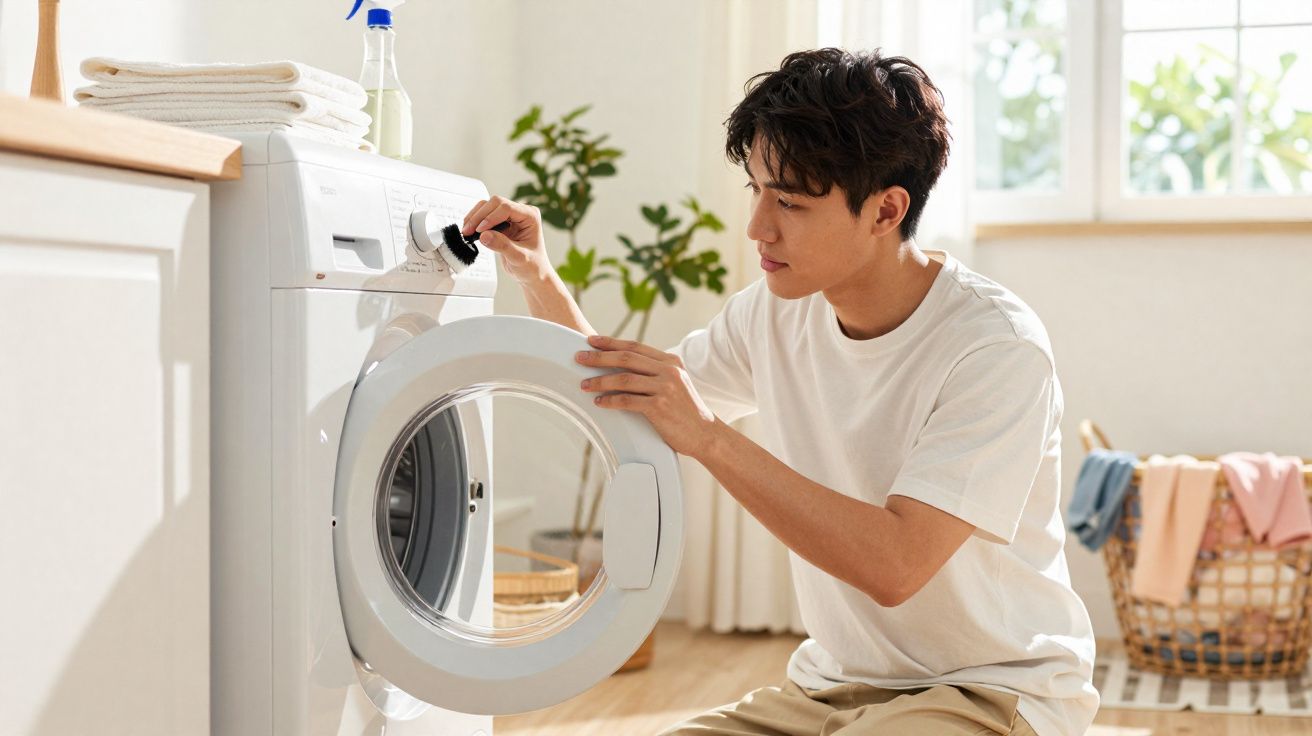 Homem a colocar roupa na máquina de lavar num ambiente doméstico luminoso.