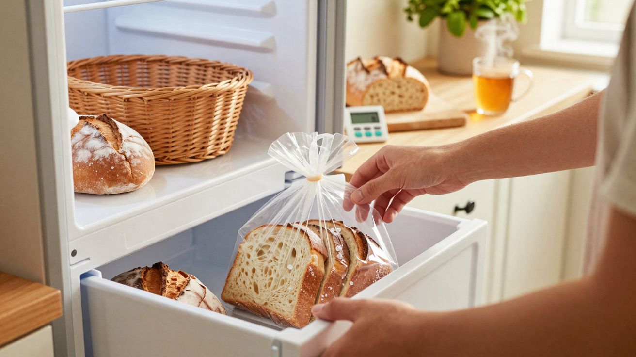 Pessoa a guardar pão fatiado num saco de plástico dentro de um frigorífico branco.