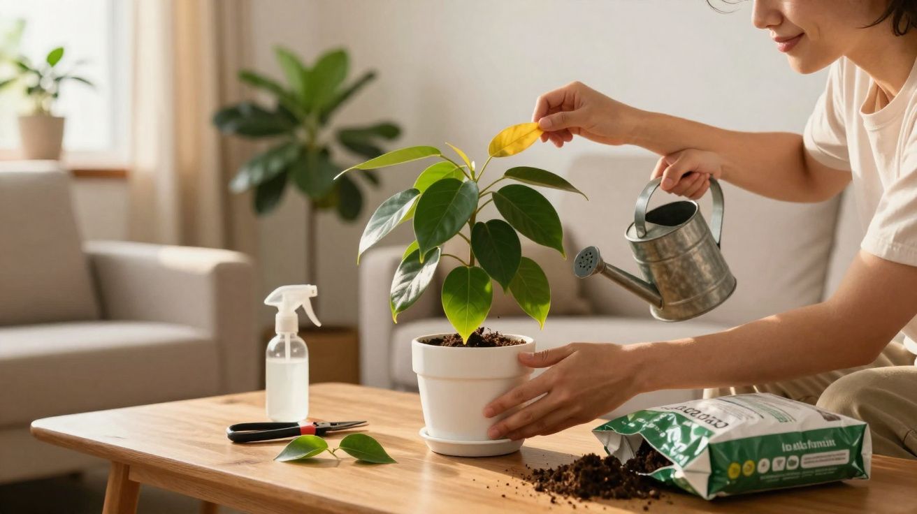 Pessoa a cuidar de planta em vaso branco numa sala com vaso, tesoura e regador sobre mesa de madeira.