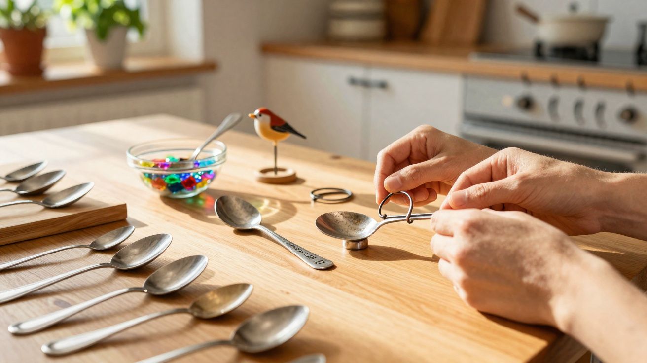 Mãos a manipular uma colher com suporte, várias colheres alinhadas e um pequeno pássaro decorativo numa cozinha.