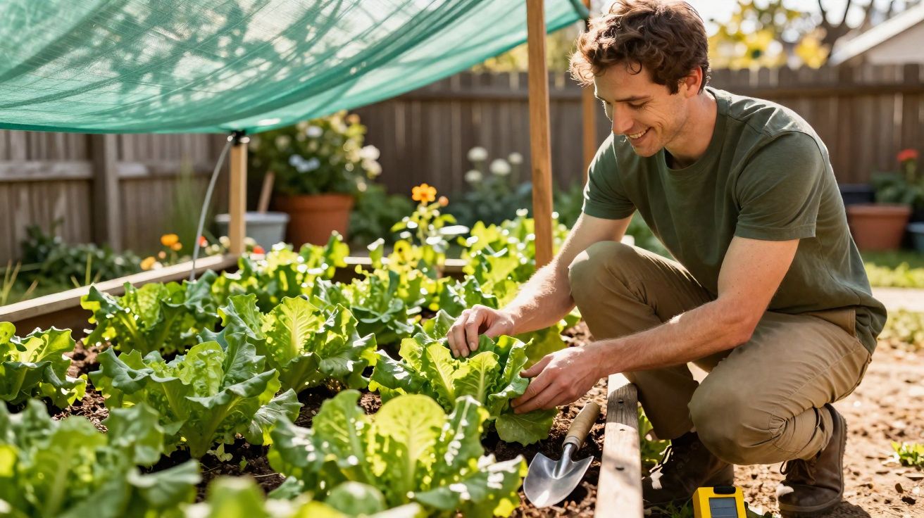 Homem a cuidar de alface numa horta com rede de sombra num ambiente de jardim ao ar livre.