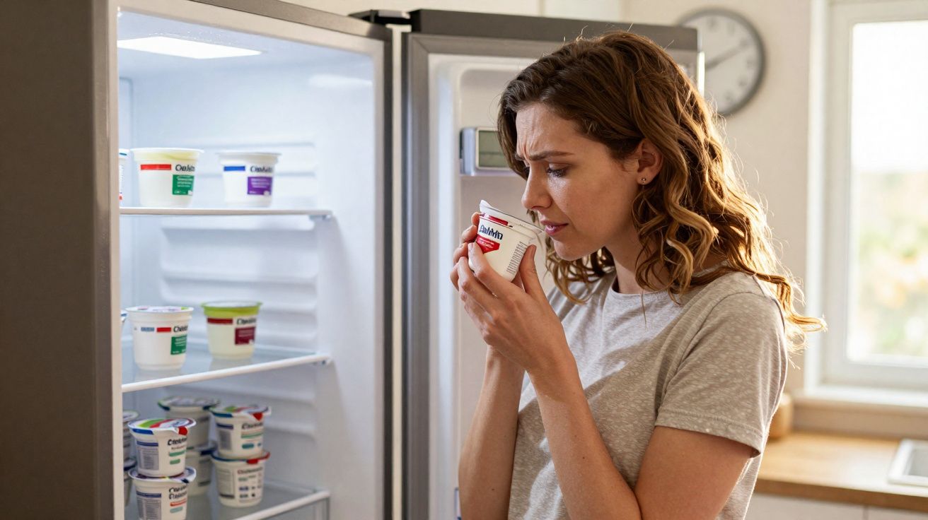 Mulher a cheirar embalagem de iogurte junto a frigorífico aberto com várias embalagens dentro.