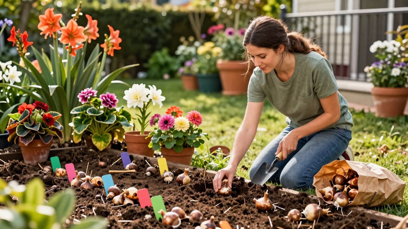 Mulher a plantar bulbos de flores num canteiro de jardim colorido durante o dia.