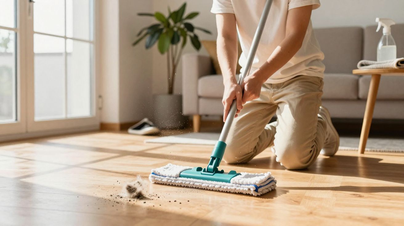Pessoa a limpar chão de madeira com esfregona num ambiente doméstico iluminado por luz natural.