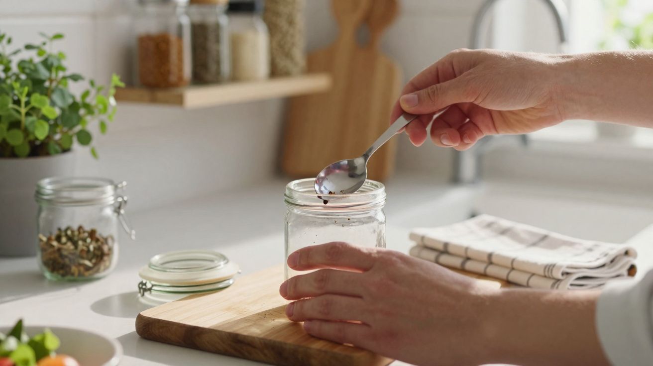 Mãos a colocar sementes num frasco de vidro numa cozinha luminosa e organizada.