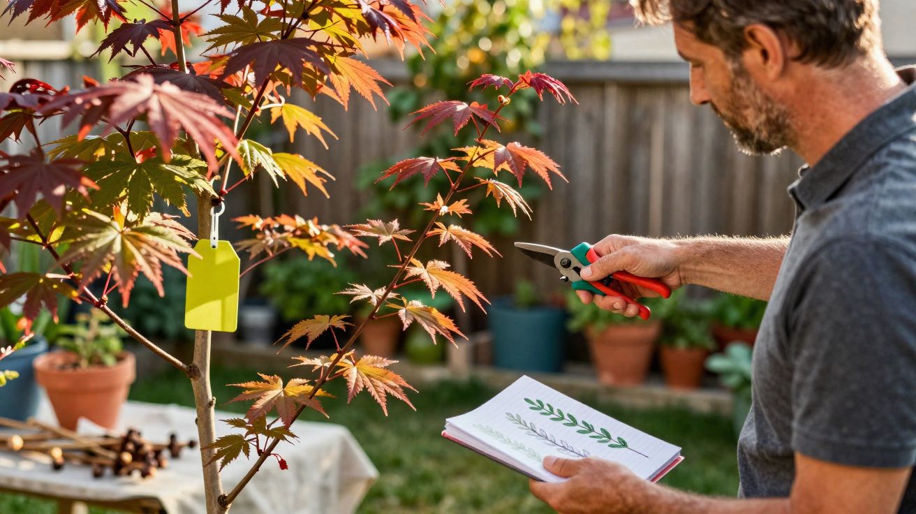 Homem a examinar folhas de árvore com tesoura de poda e caderno de observação num jardim.