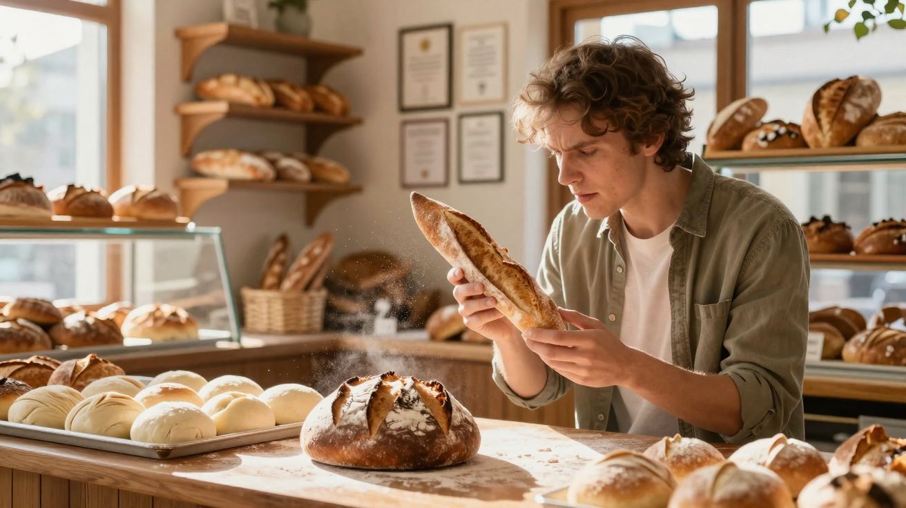 Jovem a examinar pão baguete num ambiente acolhedor de padaria com vários tipos de pão à sua volta.