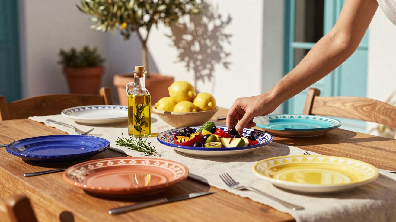 Mesa de madeira posta com pratos coloridos, petiscos mediterrâneos e mão a pegar azeitonas.