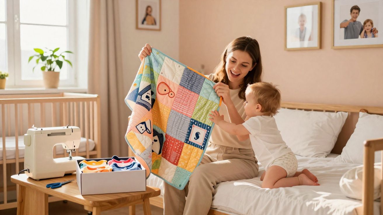 Mãe e bebé interagem felizes com um cobertor colorido num quarto de bebé acolhedor e bem iluminado.