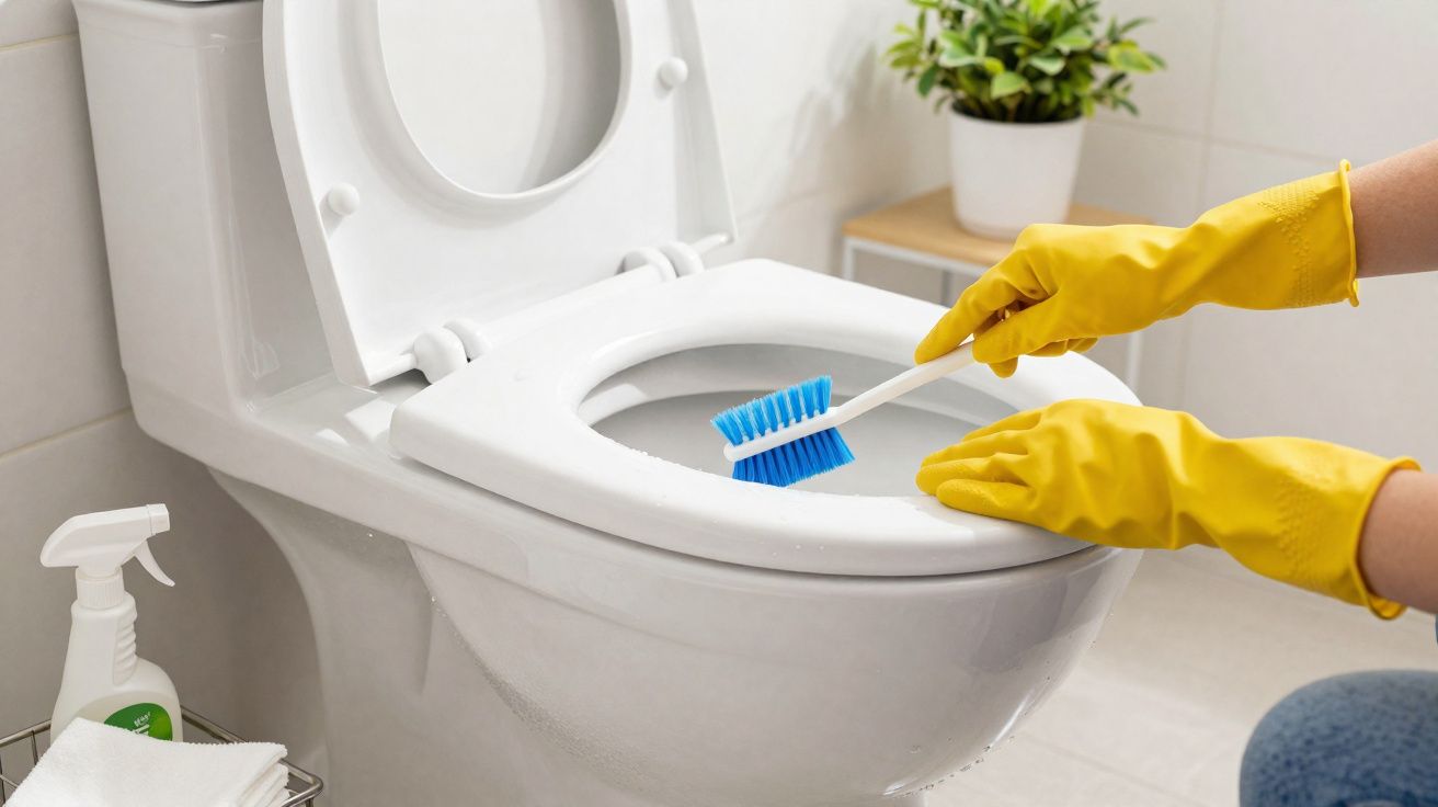 Mãos com luvas amarelas a limpar a sanita branca com escova no banheiro luminoso.