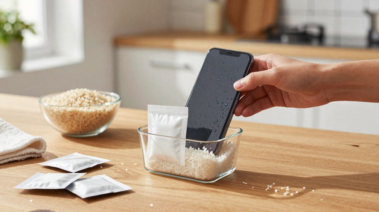 Telemóvel a ser colocado num recipiente com arroz para absorver a humidade, numa cozinha.