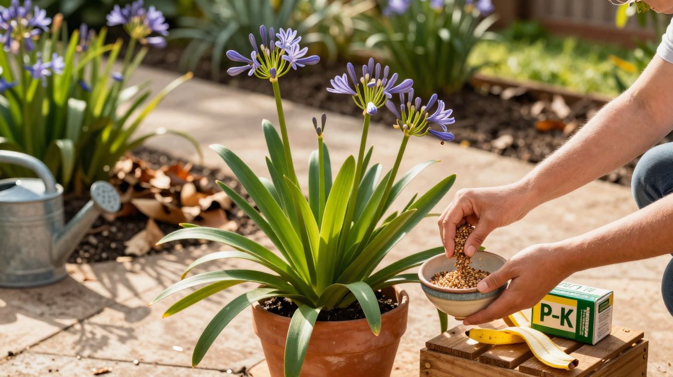 Pessoa a cuidar de uma planta com flores roxas em vaso, com fertilizante e regador ao lado no jardim.