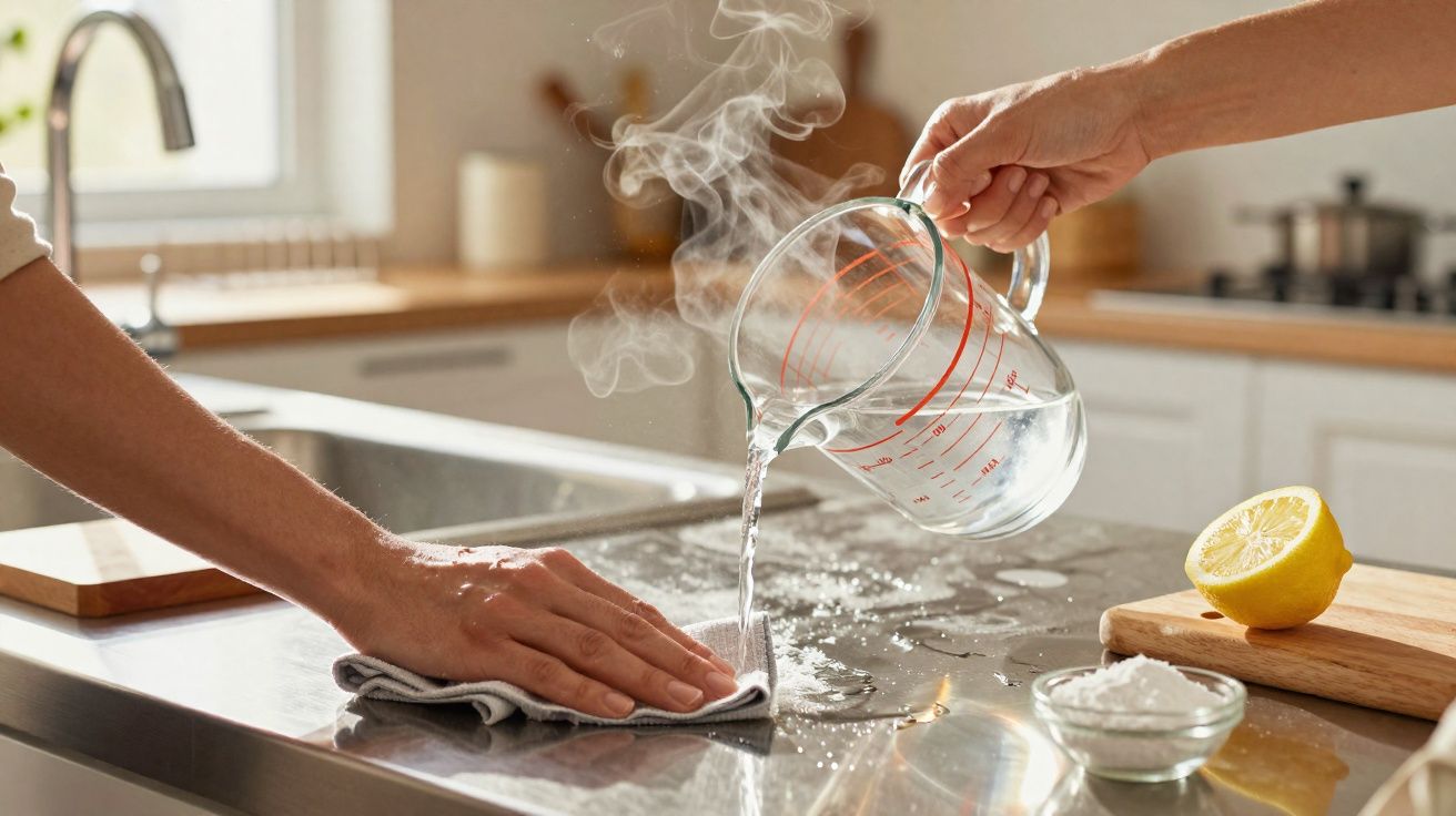 Pessoa a limpar bancada de cozinha em inox com pano molhado em água quente, com limão e bicarbonato por perto.