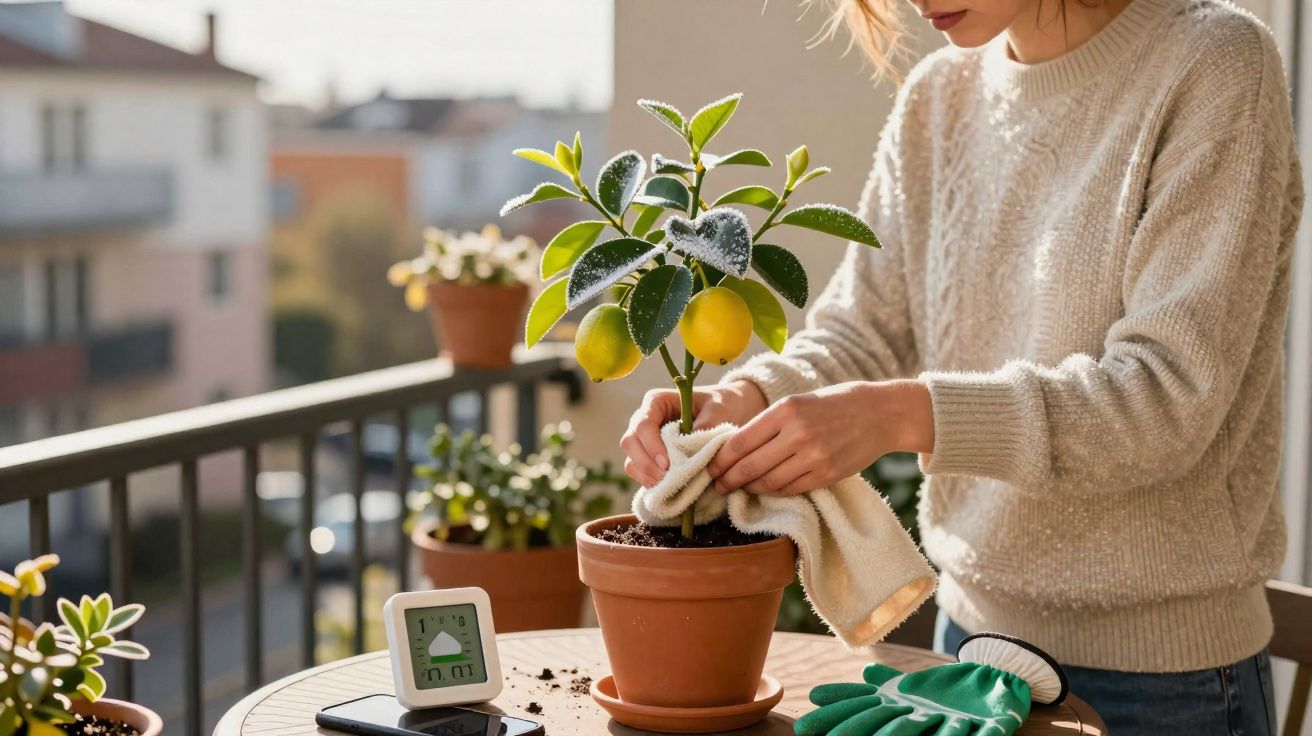 Pessoa a limpar uma planta de limão num vaso de barro num terraço ensolarado.