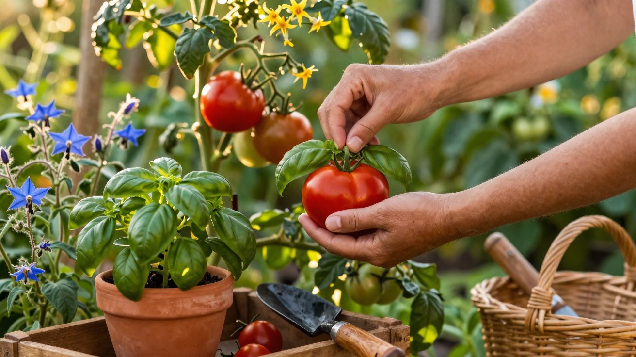 Mãos colhendo um tomate maduro em planta, com vaso de manjericão, flores e ferramentas de jardinagem à volta.