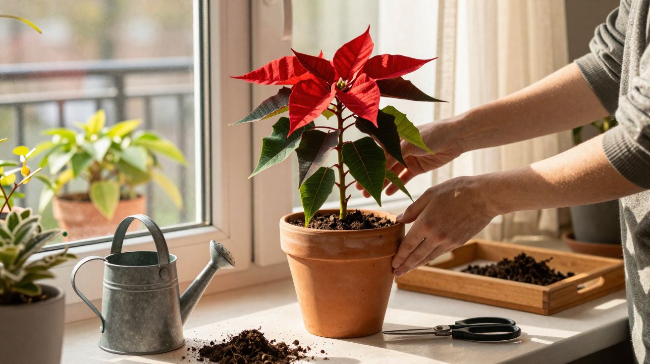 Pessoa a cuidar de uma flor vermelha num vaso de barro junto a uma janela ensolarada.