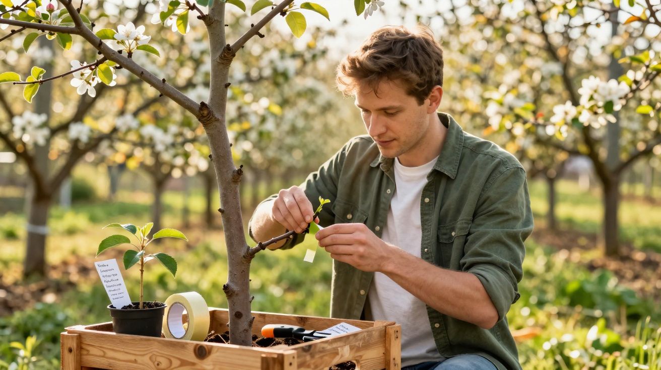 Homem a podar ramos de uma árvore num pomar durante a primavera, rodeado de flores brancas.