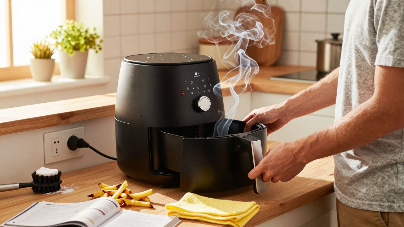 Pessoa a retirar batatas fritas quentes e fumegantes de uma air fryer preta numa cozinha moderna.