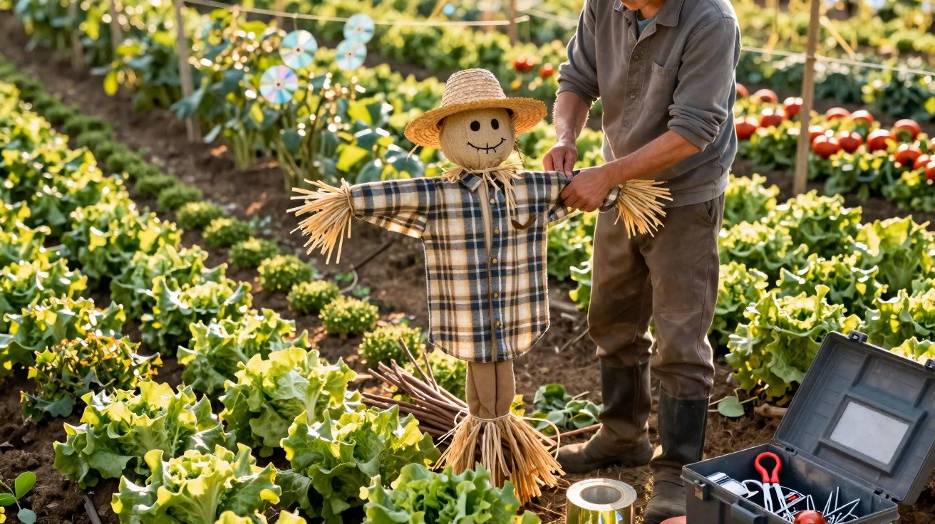 Homem a colocar camisa em espantalho numa horta com alfaces verdes e caixa de ferramentas ao lado.