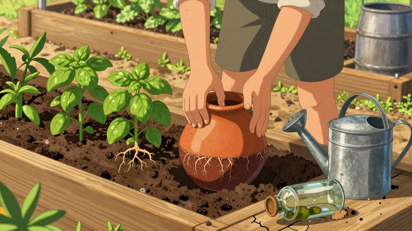 Mãos a plantar um vaso de barro com raízes numa horta com regador e garrafa caída ao lado.