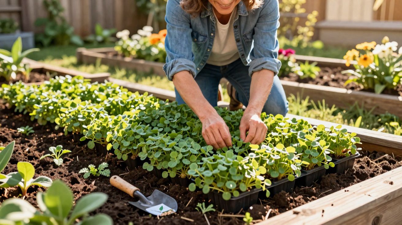 Pessoa a cuidar de plantas num canteiro de jardim, rodeada de flores, num dia ensolarado.