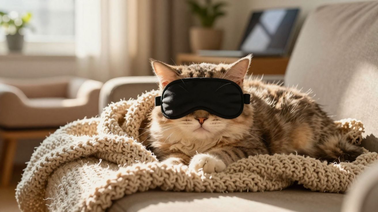 Gato deitado numa manta grossa no sofá a usar máscara de dormir preta.