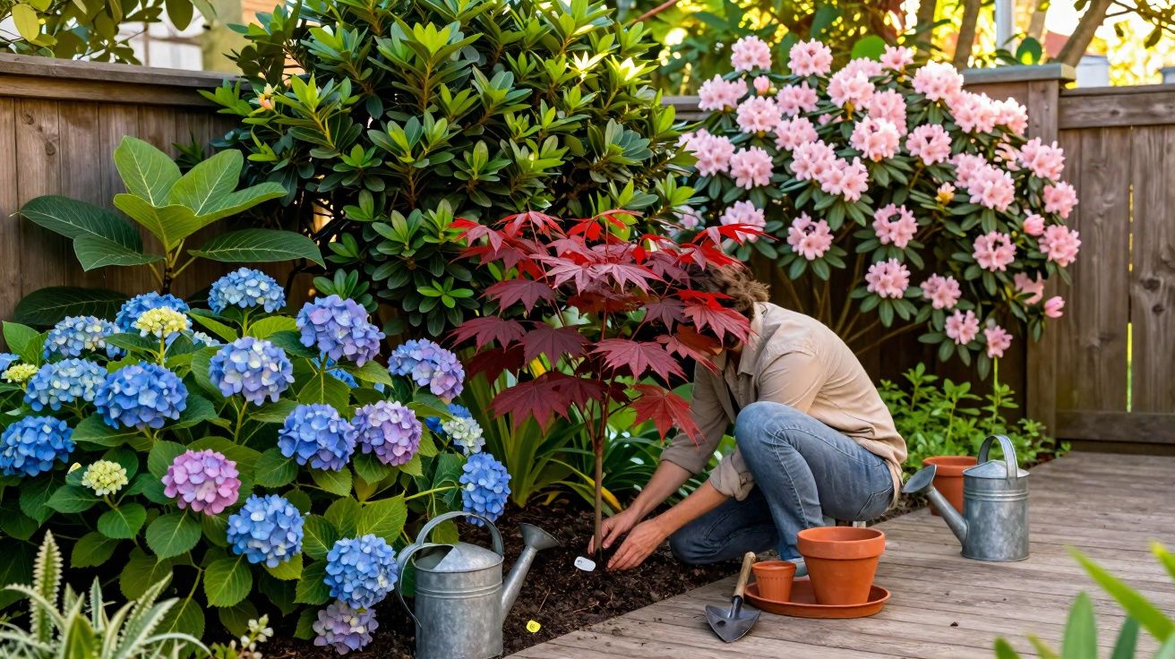 Pessoa a cuidar de plantas floridas num jardim com hortênsias azuis, azaléias cor de rosa e árvore de folhas vermelhas.