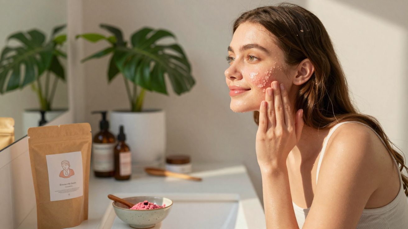 Mulher jovem a aplicar esfoliante facial com plantas e produtos de beleza ao fundo.