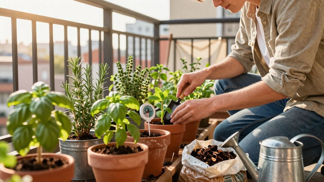 Pessoa a cuidar de plantas aromáticas em vasos numa varanda ensolarada.