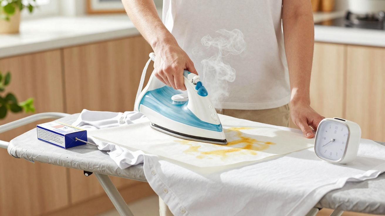 Pessoa a passar a ferro uma camisa branca manchada, com vapor visível e um relógio na tábua de passar.