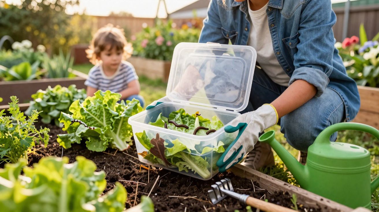 Adulto com luvas a colher alface num jardim com criança ao fundo.