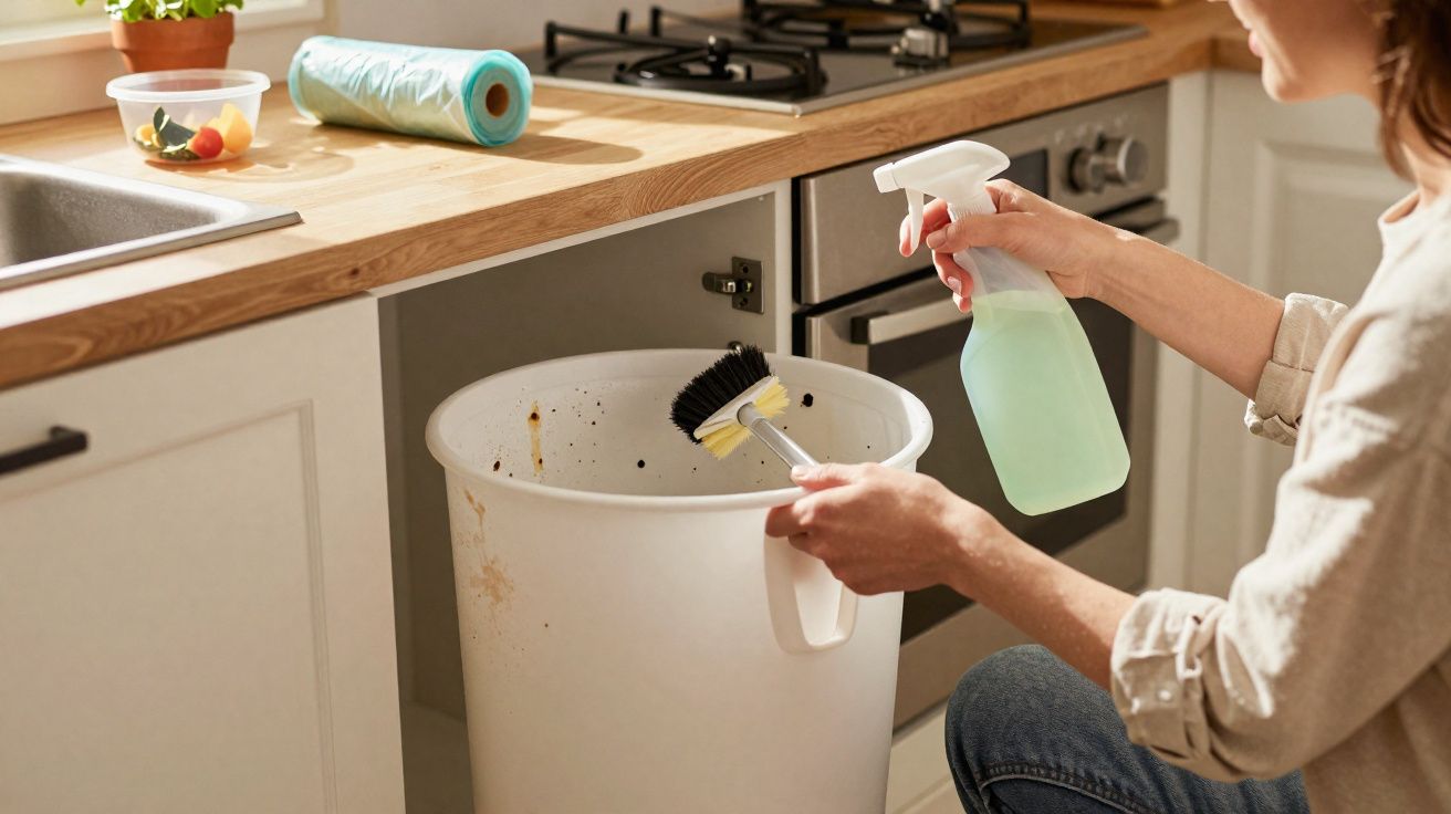 Pessoa a limpar um caixote do lixo branco na cozinha com escova e pulverizador de limpeza.