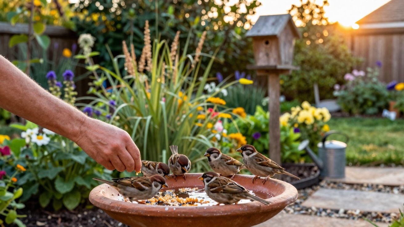 Mão a alimentar pardais numa fonte de cerâmica num jardim florido ao pôr do sol.