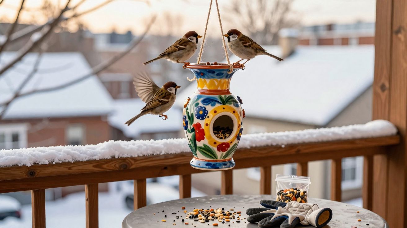 Três pardais em torno de um comedouro colorido pendurado numa varanda com neve ao fundo.