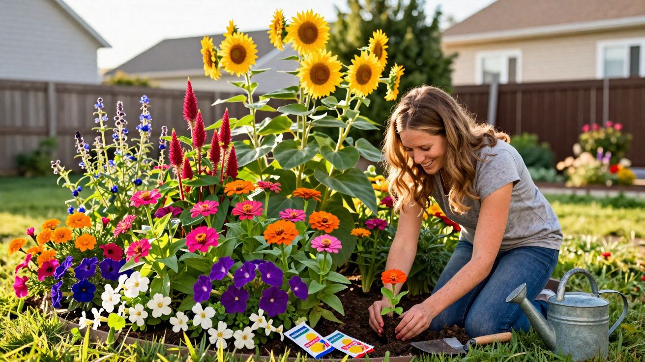 Mulher a plantar flores coloridas num jardim com girassóis ao fundo numa tarde ensolarada.