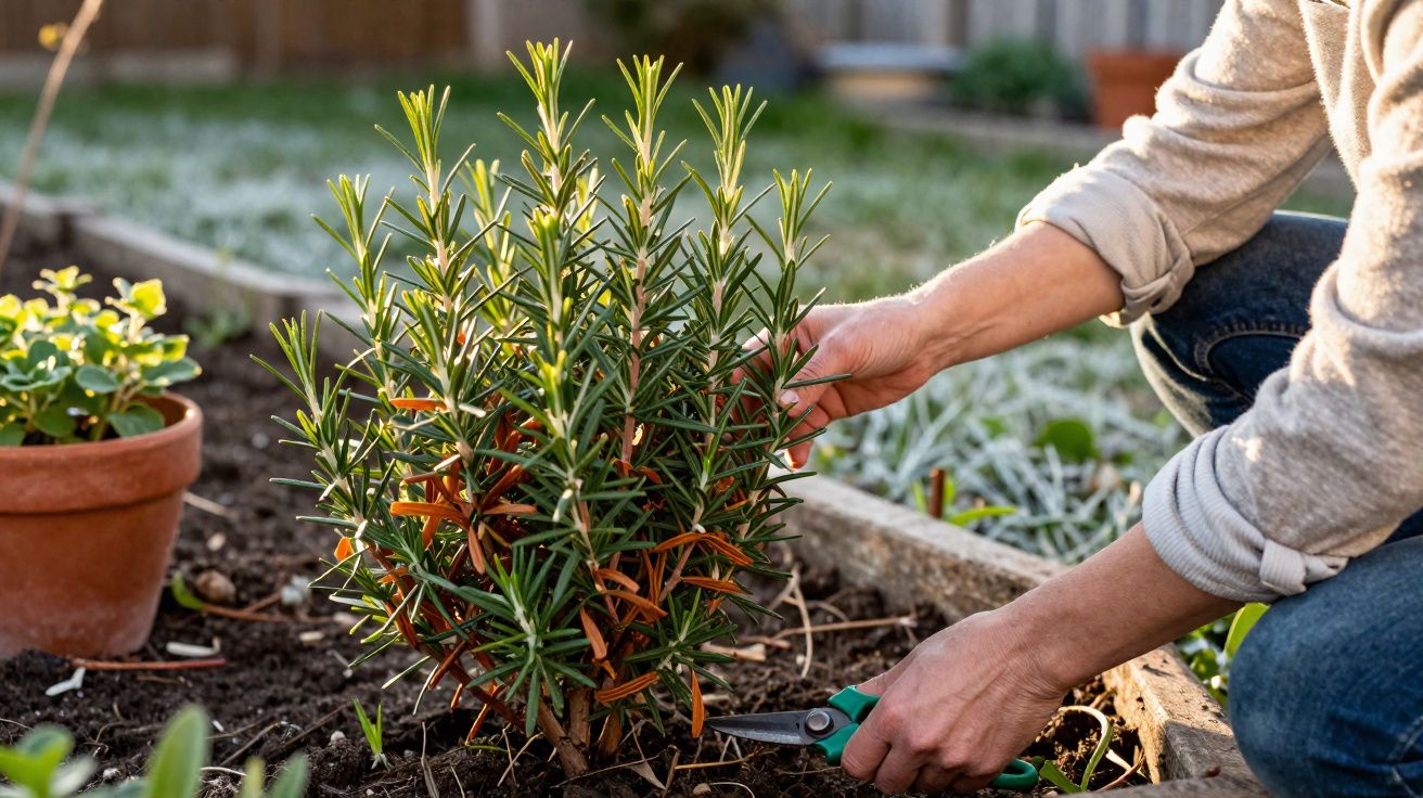 Pessoa a cuidar de ramo aromático num jardim, com tesoura de poda na mão direita.